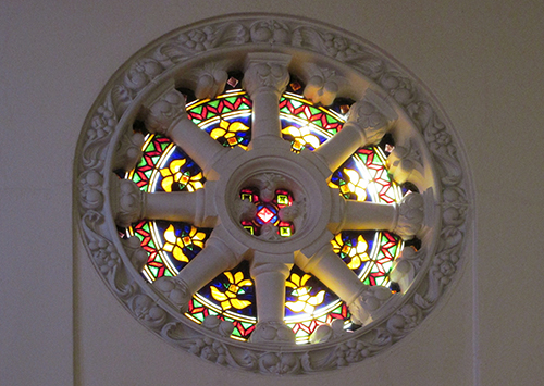 This is a beautiful Spanish Revival stained glass window in the First Congregational Church in Martinez, CA.
